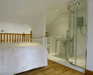 Open plan bedroom and bathroom. White metal bed with gold handles covered by white bedding. Wooden flooring and railings behind bed. White bathroom with sink, toilet and show unit