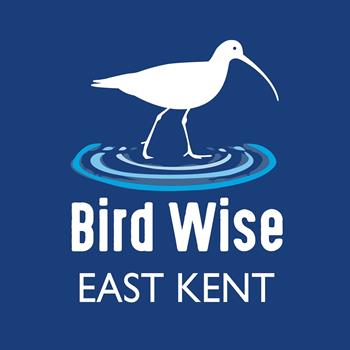 Dark blue background with white text of Bird Wise East Kent under white bird on water ripples 