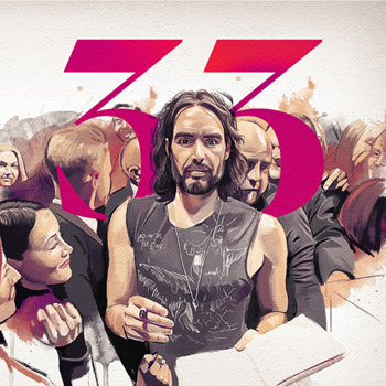 Illustration of Russell Brand standing in front of a big pink 33