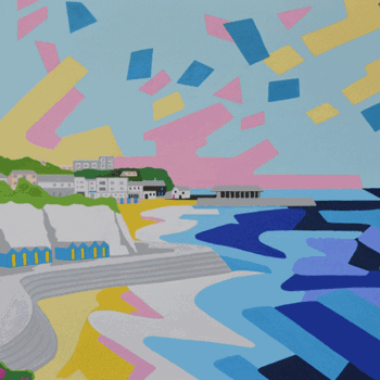 Bright, colourful abstract shapes depicting the seaside